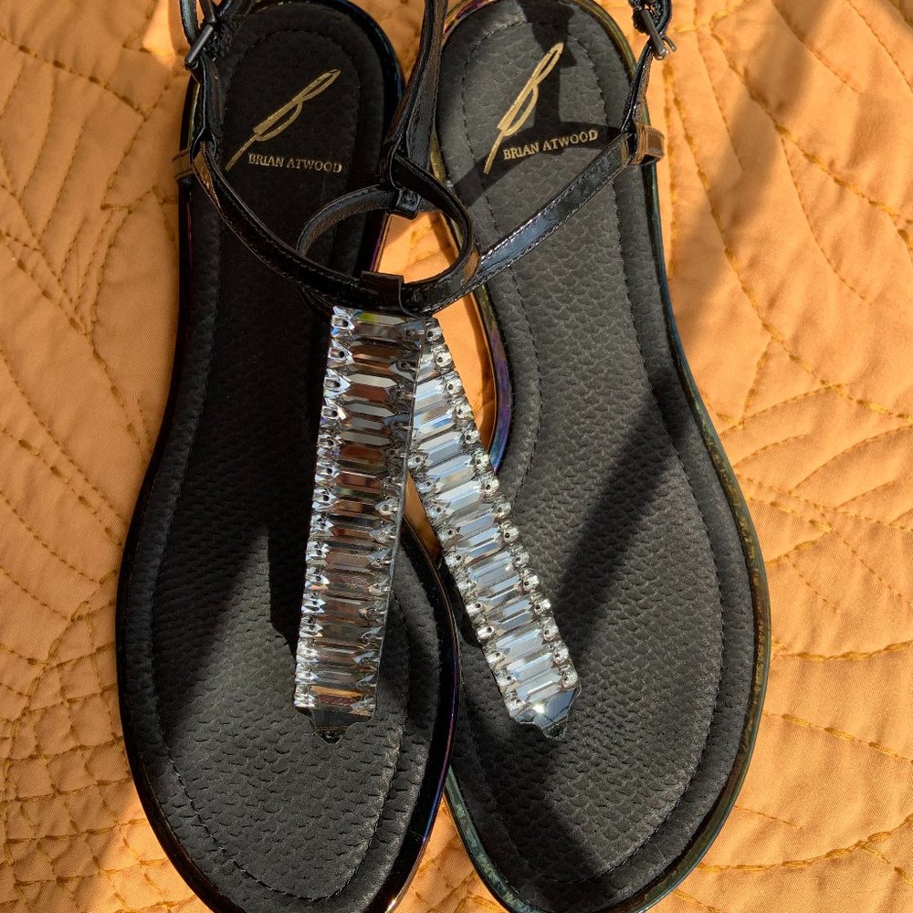 Brian Atwood Black BF Callas Crystal T-strap Sandals, size 7